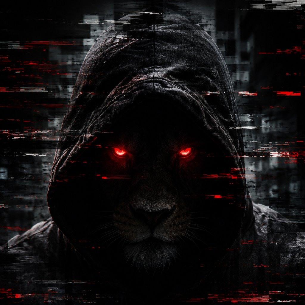 Glitch, hooded, his eyes burning red through the static